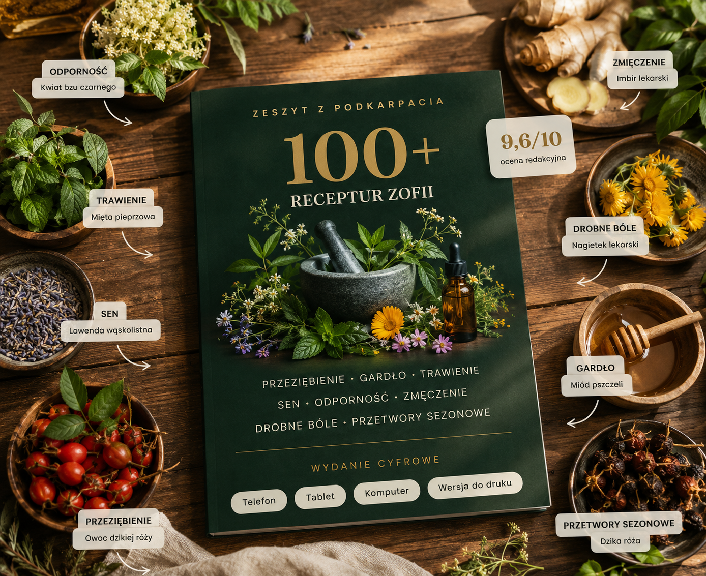 Zeszyt 100+ receptur Zofii otoczony ziołami i składnikami: przeziębienie, gardło, trawienie, sen, odporność, zmęczenie, drobne bóle, przetwory sezonowe